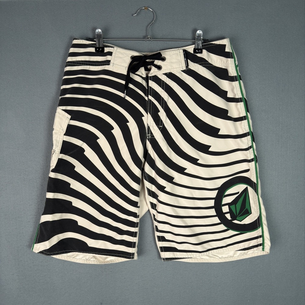 Volcom Board Shorts Mens 32 Black White Zebra Green Surf Swim Trunks Mod-Tech